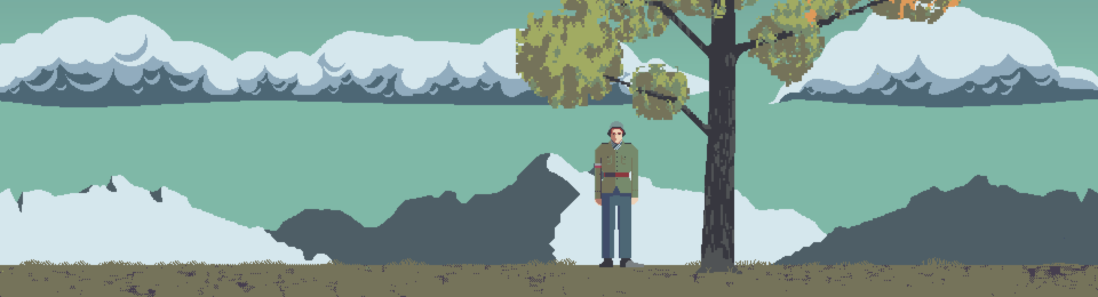 Artwork of a soldier standing under a tree with mountains and clouds in the background.